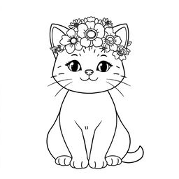 An adorable cat outline drawing designed for coloring, featuring a crown of flowers on its head