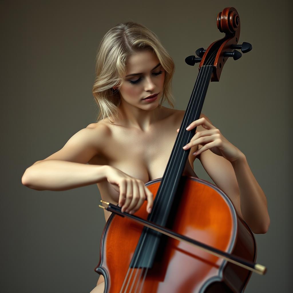 A nude blonde woman gracefully playing a cello, immersed in her music with serene expression