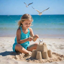 A young girl enjoying a sunny day at the beach, building a sand castle near the turquoise sea, with seagulls flying in the clear blue sky.