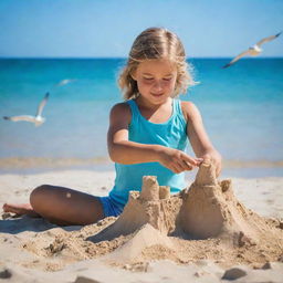 A young girl enjoying a sunny day at the beach, building a sand castle near the turquoise sea, with seagulls flying in the clear blue sky.