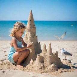 A young girl enjoying a sunny day at the beach, building a sand castle near the turquoise sea, with seagulls flying in the clear blue sky.