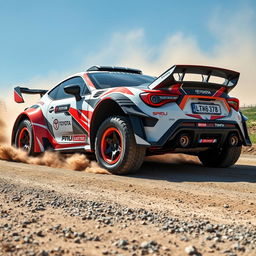A Toyota GR86 transformed into a widebody rally car, exuding power and sportiness on a challenging rally track