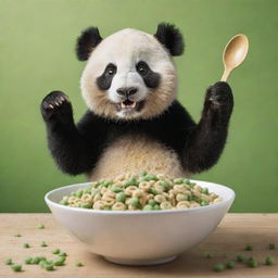 A delightful scene of an enthusiastic panda in the foreground, reaching with a spoon towards a full bowl containing only GREEN cereal loops resembling bamboo. Ideal for an engaging cereal box cover.