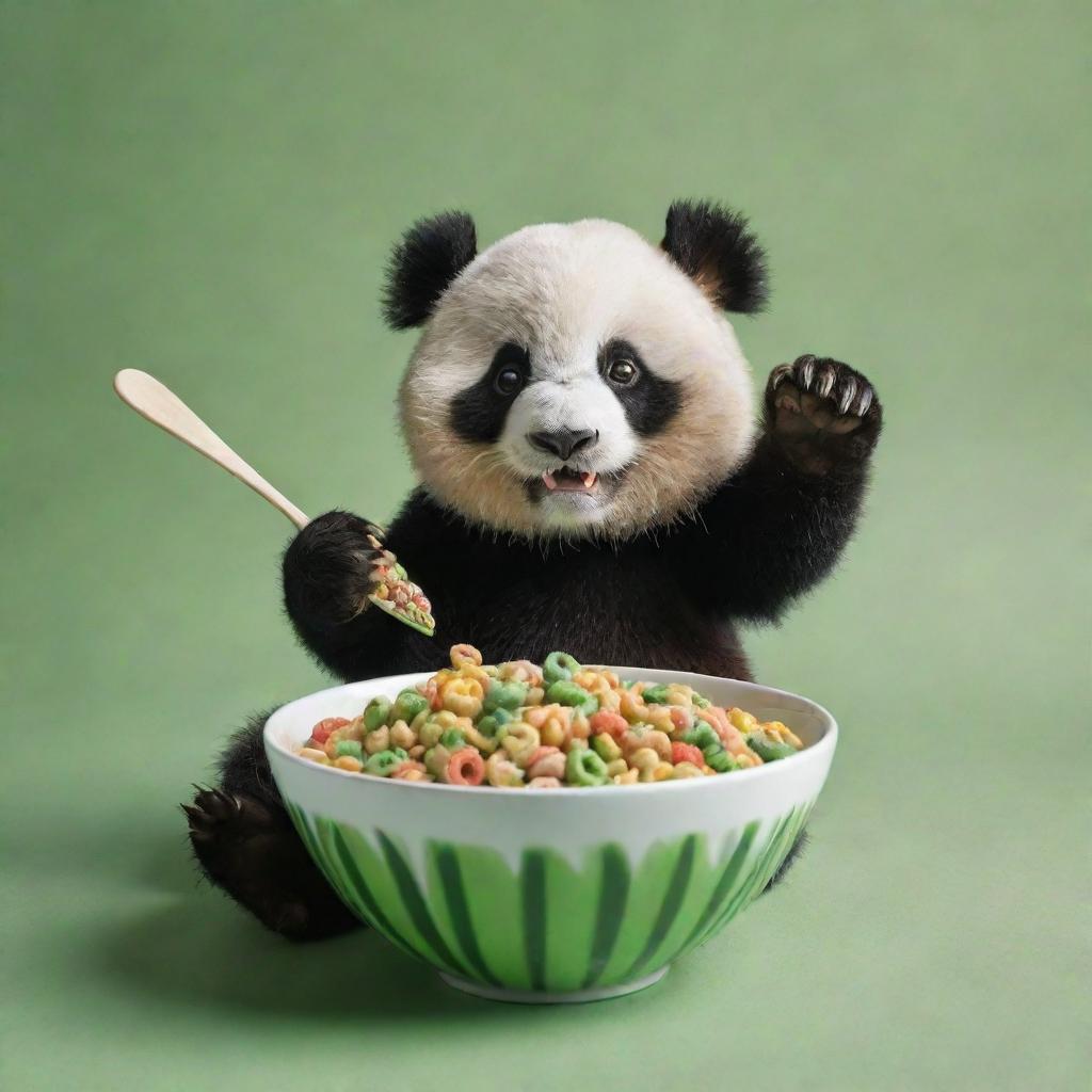 A delightful scene of an enthusiastic panda in the foreground, reaching with a spoon towards a full bowl containing only GREEN cereal loops resembling bamboo. Ideal for an engaging cereal box cover.