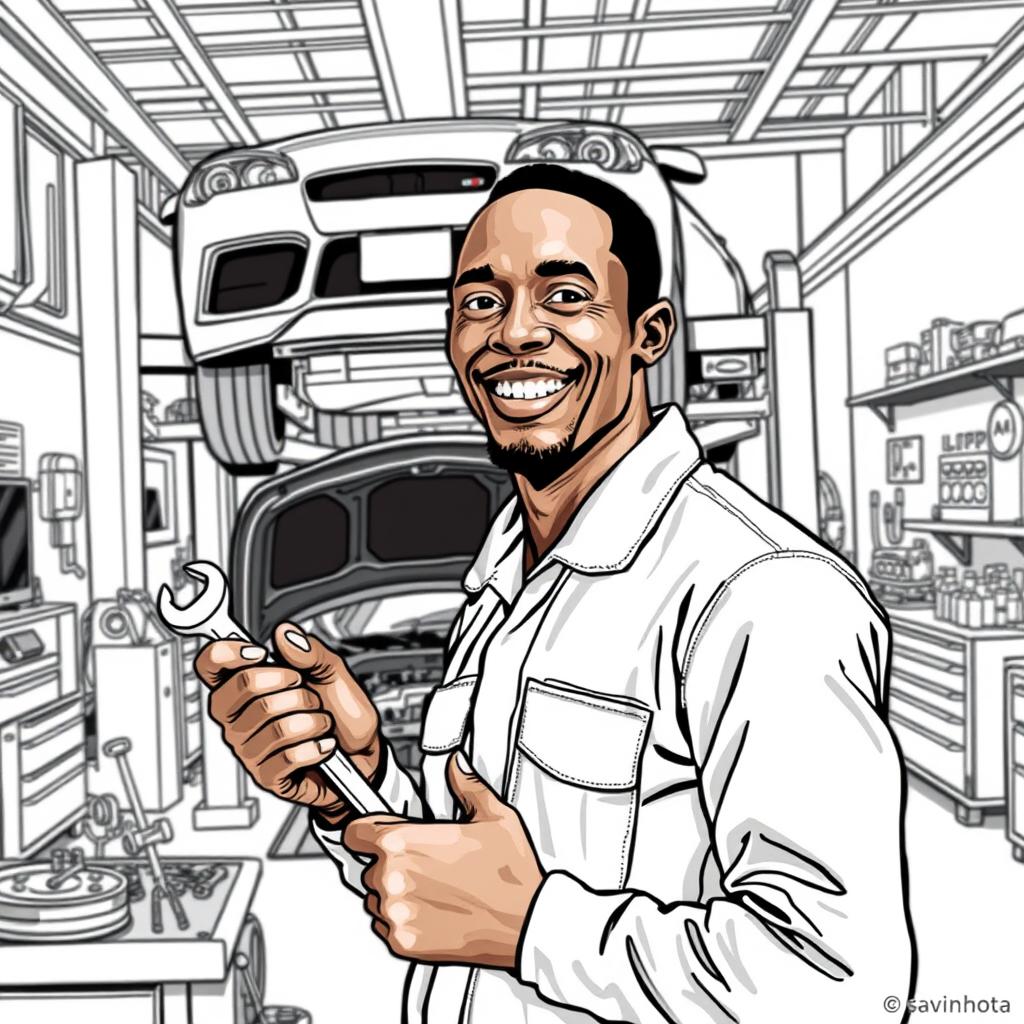 Usain Bolt depicted as a car mechanic in a modern auto repair shop