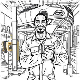 Usain Bolt depicted as a car mechanic in a modern auto repair shop