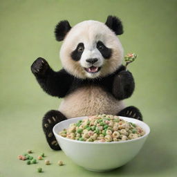 A delightful scene of an enthusiastic panda in the foreground, reaching with a spoon towards a full bowl containing only GREEN cereal loops resembling bamboo. Ideal for an engaging cereal box cover.