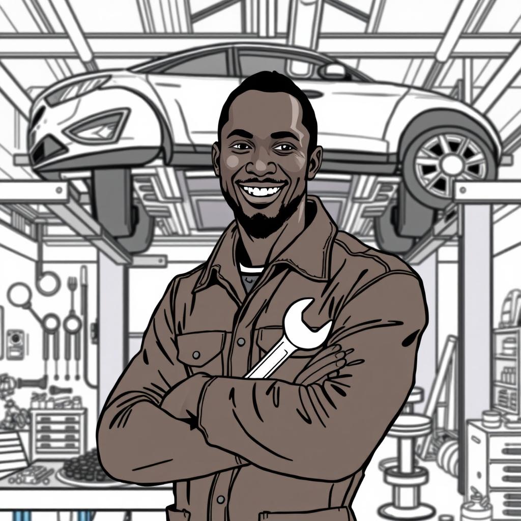 Usain Bolt depicted as a car mechanic in a modern auto repair shop