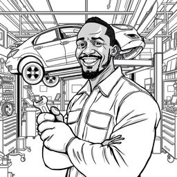 Usain Bolt depicted as a car mechanic in a modern auto repair shop