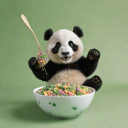 A delightful scene of an enthusiastic panda in the foreground, reaching with a spoon towards a full bowl containing only GREEN cereal loops resembling bamboo. Ideal for an engaging cereal box cover.