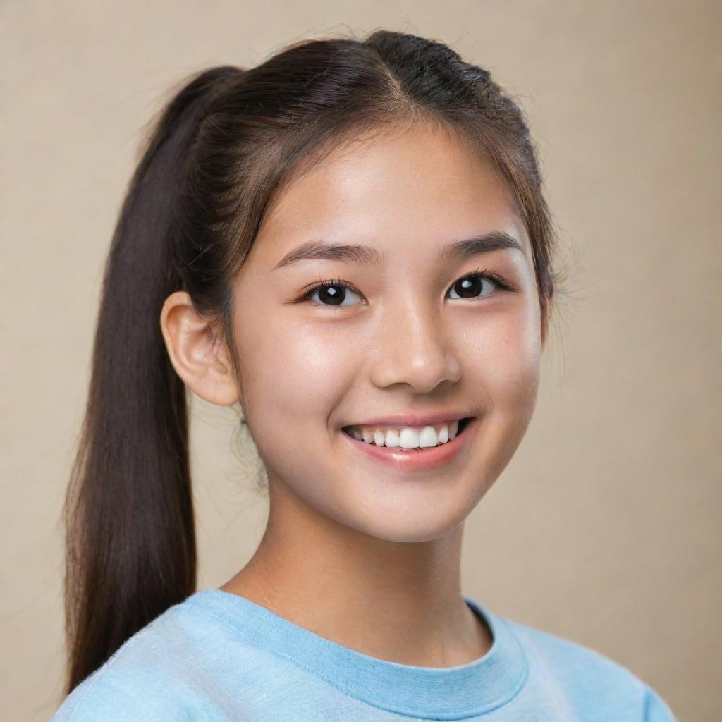 A teenage Asian girl with an innocent smile and sparkling eyes. She's wearing casual attire, her hair tied in a playful ponytail.