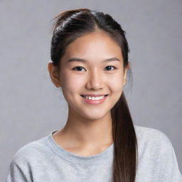 A teenage Asian girl with an innocent smile and sparkling eyes. She's wearing casual attire, her hair tied in a playful ponytail.