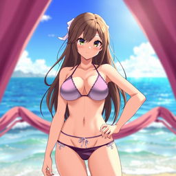 Anime girl with brown hair, big breasts, and athletic body wearing a bikini, standing at the beach with the ocean in the background, sunlight reflecting off the water, showcasing her toned physique and confident stance, vibrant colors with a playful summer atmosphere