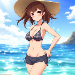 Anime girl with brown hair, big breasts, and athletic body wearing a bikini, standing at the beach with the ocean in the background, sunlight reflecting off the water, showcasing her toned physique and confident stance, vibrant colors with a playful summer atmosphere