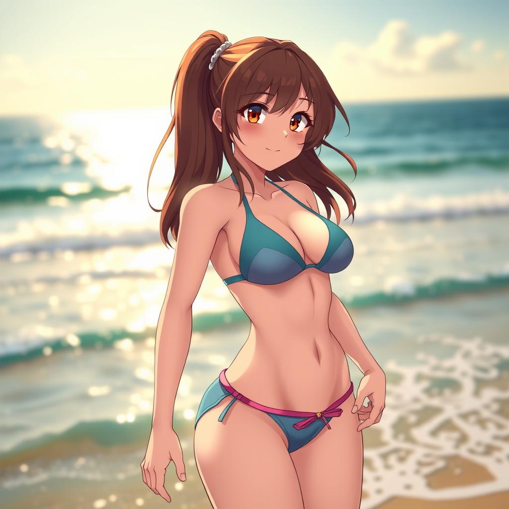 Anime girl with brown hair, big breasts, and athletic body wearing a bikini, standing at the beach with the ocean in the background, sunlight reflecting off the water, showcasing her toned physique and confident stance, vibrant colors with a playful summer atmosphere