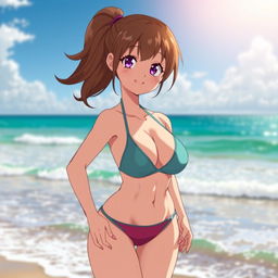 Anime girl with brown hair, big breasts, and athletic body wearing a bikini, standing at the beach with the ocean in the background, sunlight reflecting off the water, showcasing her toned physique and confident stance, vibrant colors with a playful summer atmosphere