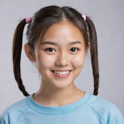 A teenage Asian girl with an innocent smile and sparkling eyes. She's wearing casual attire, her hair tied in a playful ponytail.