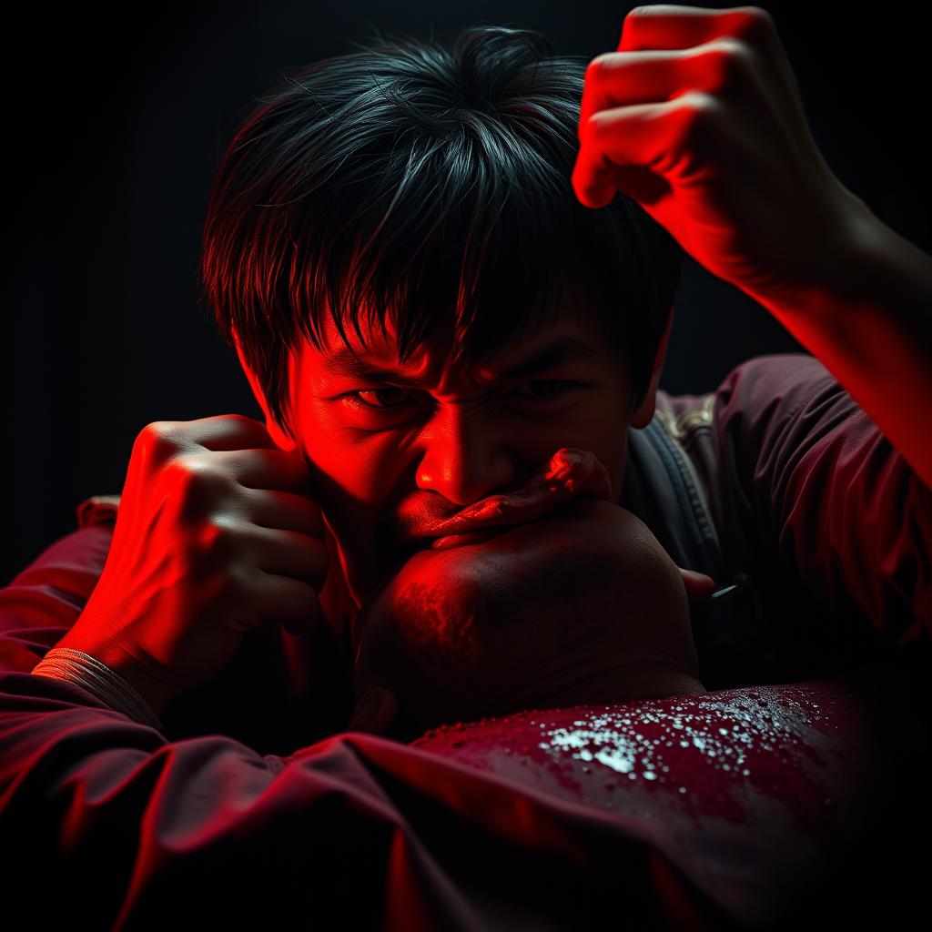 A violent and intense scene featuring an Asian character committing an unjust act of violence in a dark, threatening environment