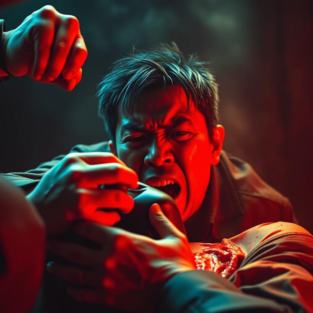 A violent and intense scene featuring an Asian character committing an unjust act of violence in a dark, threatening environment