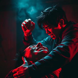 A violent and intense scene featuring an Asian character committing an unjust act of violence in a dark, threatening environment