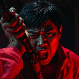 A violent and intense scene featuring an Asian character committing an unjust act of violence in a dark, threatening environment