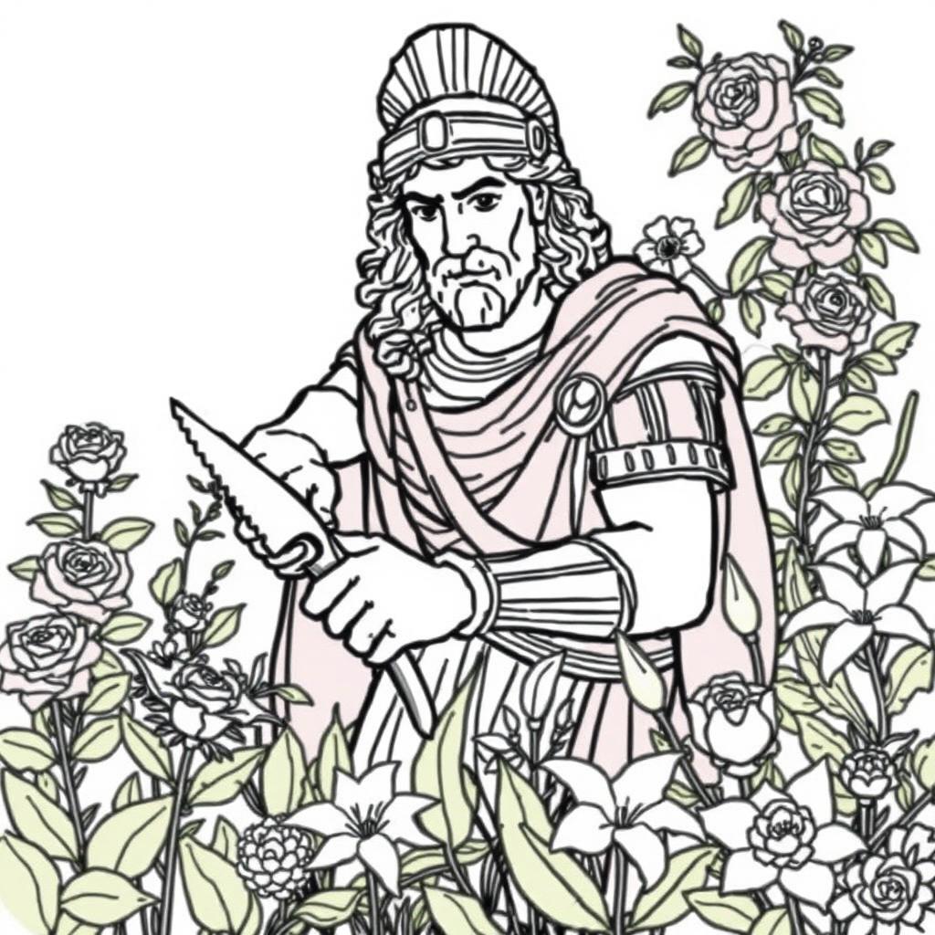 Alexander the Great depicted in a serene garden setting, expertly cutting flowers with a pair of gardening shears