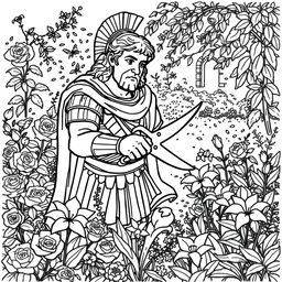 Alexander the Great depicted in a serene garden setting, expertly cutting flowers with a pair of gardening shears