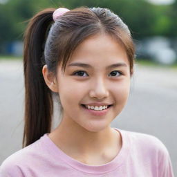 A teenage Asian girl with an innocent smile and sparkling eyes. She's wearing casual attire, her hair tied in a playful ponytail.