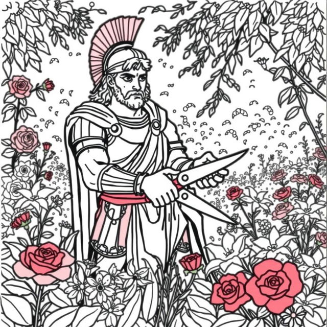 Alexander the Great depicted in a serene garden setting, expertly cutting flowers with a pair of gardening shears