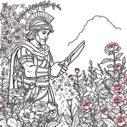 Alexander the Great depicted in a serene garden setting, expertly cutting flowers with a pair of gardening shears