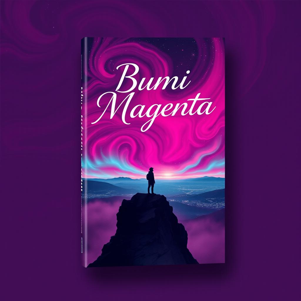 Aesthetic and unique book cover for a novel titled 'Bumi Magenta'