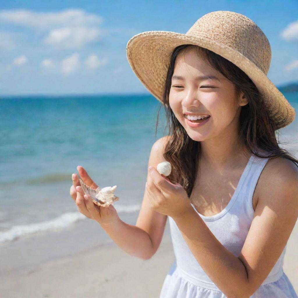 A joyful teenage Asian girl at the beach, wearing a cute sun hat. She is having fun playing with seashells by the sea's edge under the blue sky.