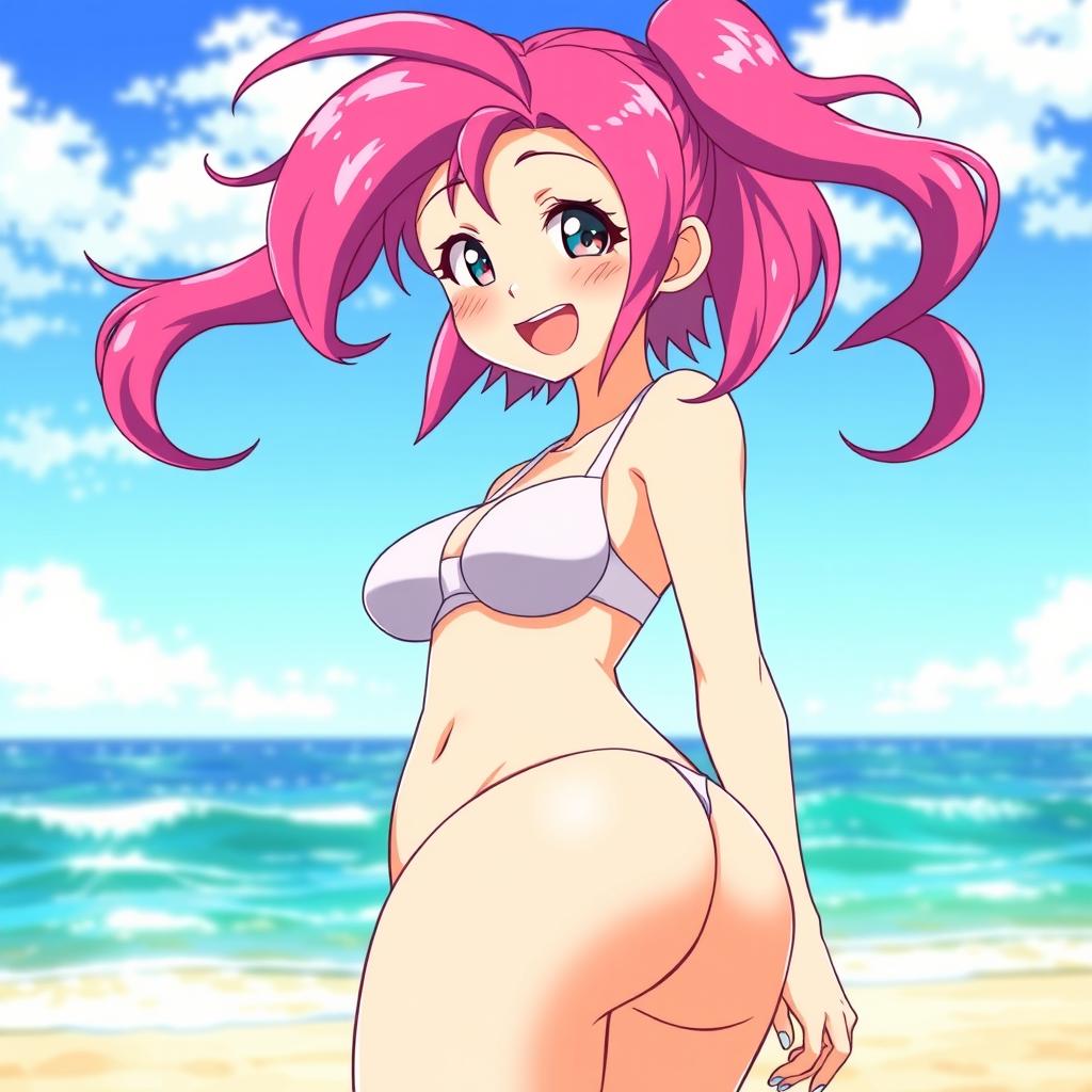 an anime girl with an exaggerated hourglass figure, having a large bottom and oversized breasts