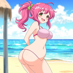 an anime girl with an exaggerated hourglass figure, having a large bottom and oversized breasts