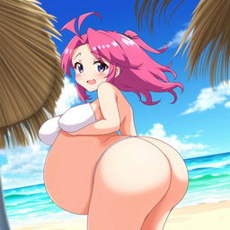 an anime girl with an exaggerated hourglass figure, having a large bottom and oversized breasts