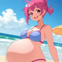 an anime girl with an exaggerated hourglass figure, having a large bottom and oversized breasts