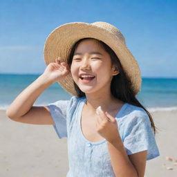 A joyful teenage Asian girl at the beach, wearing a cute sun hat. She is having fun playing with seashells by the sea's edge under the blue sky.