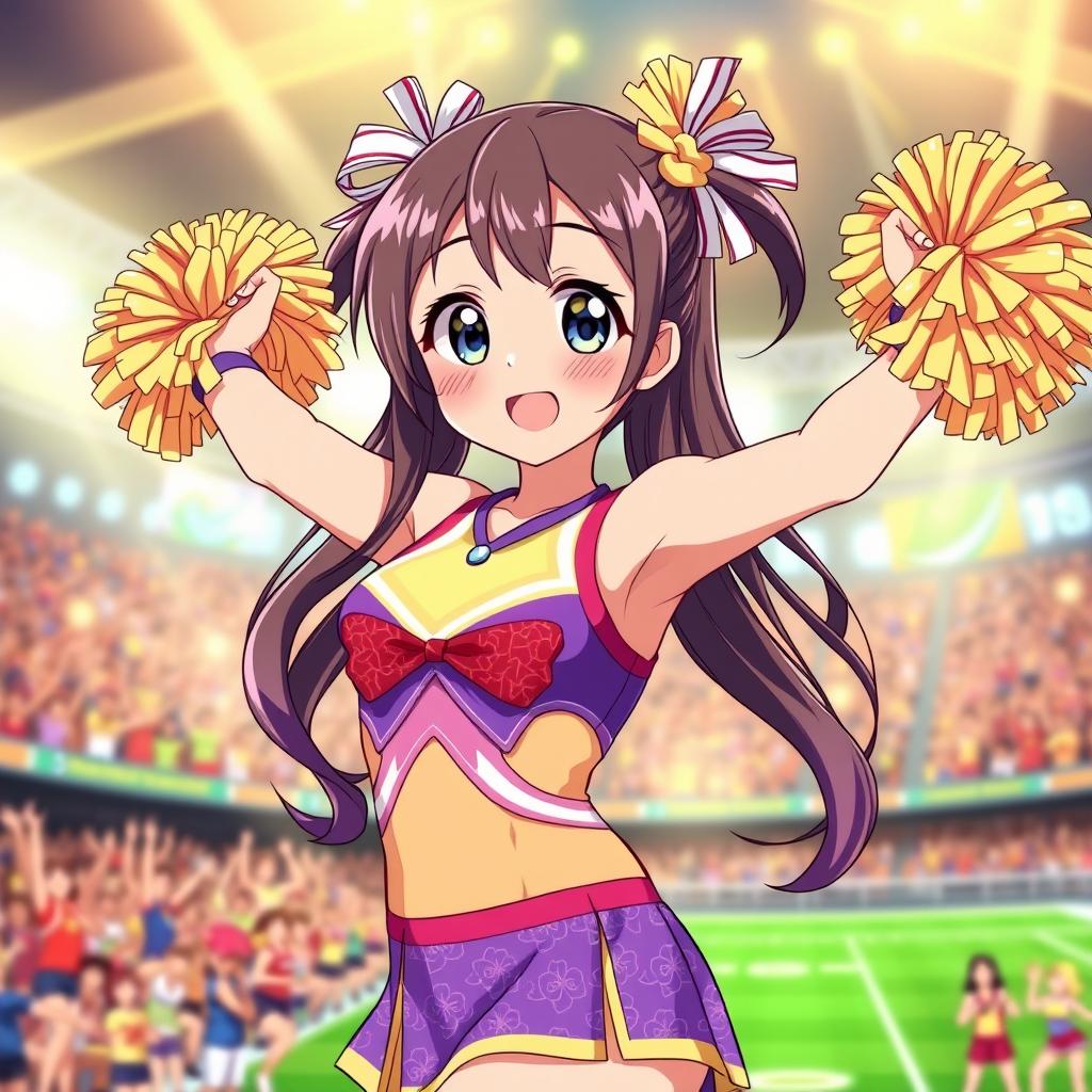 A cheerful anime girl wearing a colorful cheerleader outfit, showcasing her dynamic pose with pom-poms held high