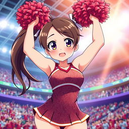 A cheerful anime girl wearing a colorful cheerleader outfit, showcasing her dynamic pose with pom-poms held high