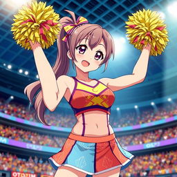 A cheerful anime girl wearing a colorful cheerleader outfit, showcasing her dynamic pose with pom-poms held high