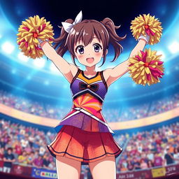 A cheerful anime girl wearing a colorful cheerleader outfit, showcasing her dynamic pose with pom-poms held high