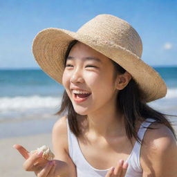 A joyful teenage Asian girl at the beach, wearing a cute sun hat. She is having fun playing with seashells by the sea's edge under the blue sky.