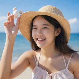 A joyful teenage Asian girl at the beach, wearing a cute sun hat. She is having fun playing with seashells by the sea's edge under the blue sky.