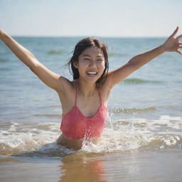 A cheerful teenage Asian girl playing in the water at the beach. She's splashing water, enjoying the waves, and having a fun time under the bright sun.