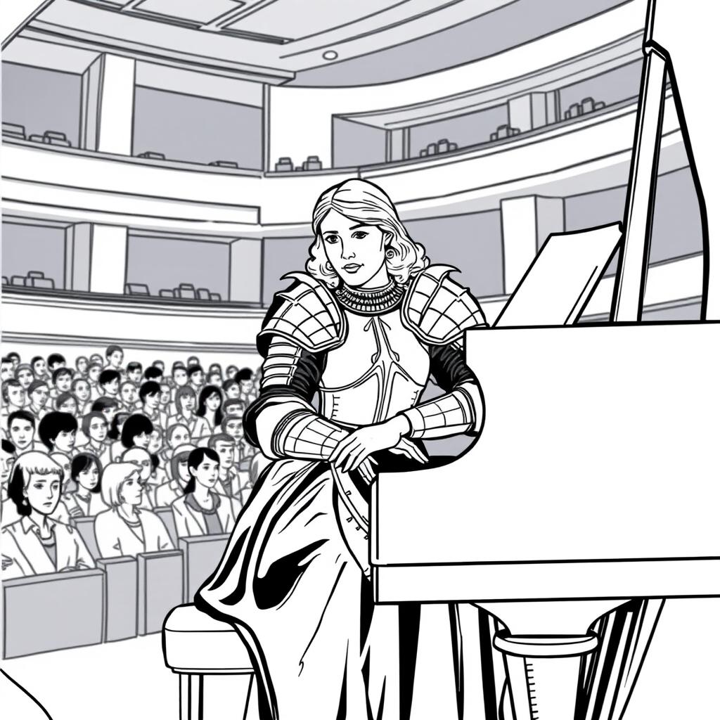 Joan of Arc depicted in a modern concert hall, seated at a grand piano, her fingers gracefully poised over the keys