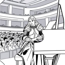 Joan of Arc depicted in a modern concert hall, seated at a grand piano, her fingers gracefully poised over the keys