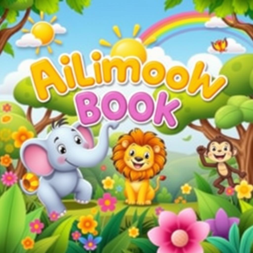 A colorful and whimsical animated book cover designed for children, featuring a playful scene with friendly cartoon animals, including a smiling elephant, a cheerful lion, and a joyful monkey playing in a vibrant jungle