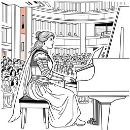 Joan of Arc depicted in a modern concert hall, seated at a grand piano, her fingers gracefully poised over the keys