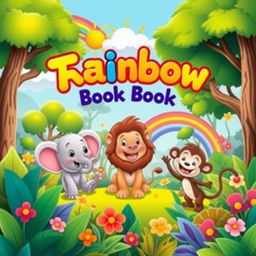 A colorful and whimsical animated book cover designed for children, featuring a playful scene with friendly cartoon animals, including a smiling elephant, a cheerful lion, and a joyful monkey playing in a vibrant jungle