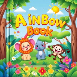 A colorful and whimsical animated book cover designed for children, featuring a playful scene with friendly cartoon animals, including a smiling elephant, a cheerful lion, and a joyful monkey playing in a vibrant jungle